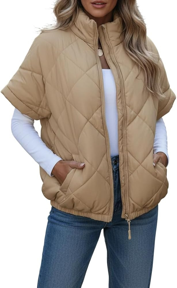 Women's Oversized Quilted Zip Up Vest Short Sleeve Padded Outerwear with Pockets, Lightweight Cas... | Amazon (US)