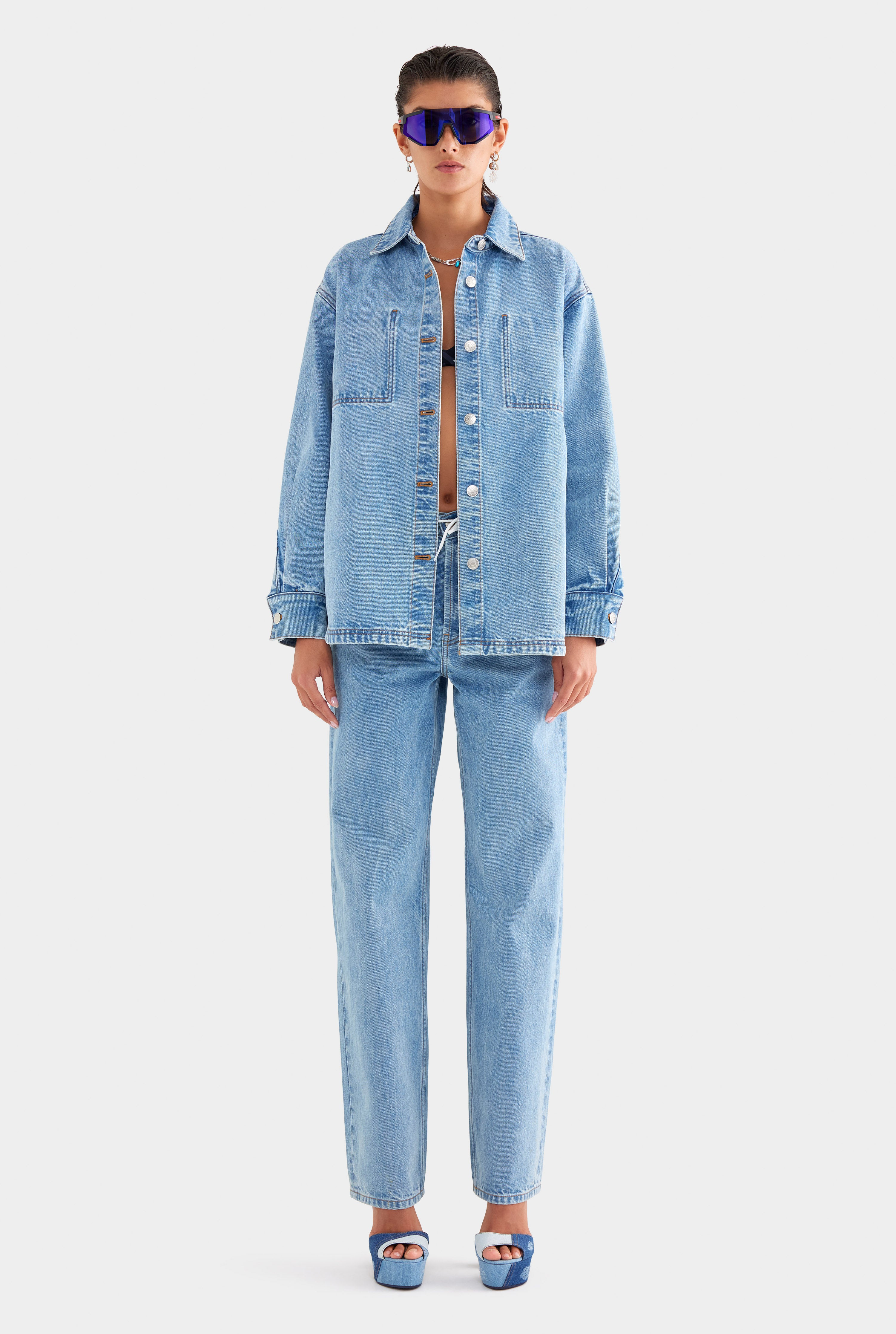 Womens Pocket Detail Relaxed Denim Shirt in Light Blue | Venroy | Venroy AU