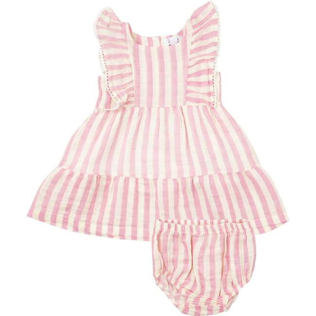 Pink Stripe Picot Edged Dress + Diaper Cover, Pink | Maisonette