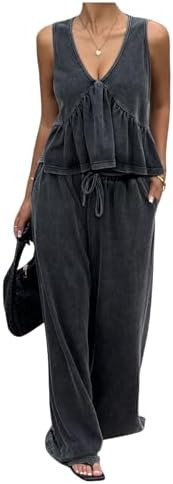 SOLY HUX Women's Pants Sets 2 Piece Outfits Sleeveless V Neck Crop Top and Pants Summer Matching ... | Amazon (US)