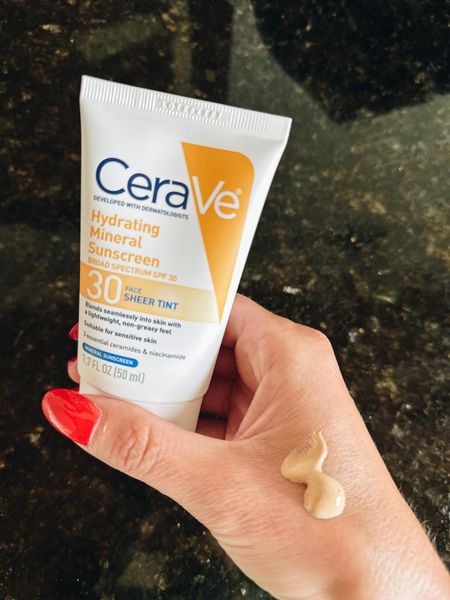 This stuff works so great! Amazon CeraVe sunscreen! Fashionablylatemom 
CeraVe Hydrating Mineral Sunscreen with Sheer Tint | Tinted Mineral Sunscreen with Zinc Oxide & Titanium Dioxide | Blends Seamlessly For Healthy Glow | Tinted Moisturizer with SPF 30 | 1.7 Fluid Ounce
Scent	Fragrance Free
Product Benefits	Hydrating
Sun Protection Factor	30 Sun Protection Factor (SPF)
Universal tint for all skin tones that instantly leaves skin with a healthy glow and offsets the white-cast typically associated with mineral sunscreens. Lightweight, non-greasy feel.

#LTKbeauty