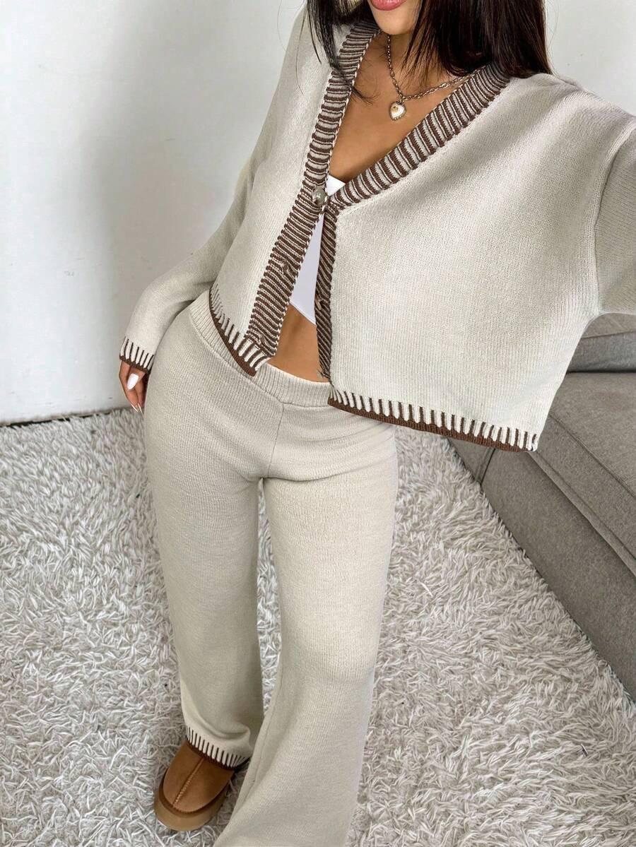 SHEIN EZwear 2pcs/Set Women Striped Long Sleeve Cardigan And Long Pants Knitwear Suit In Fall/Win... | SHEIN