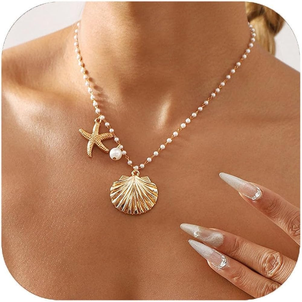 Gold Shell Starfish Necklace for Women Pearl Shell Necklace Layered Beaded Starfish Necklaces Sum... | Amazon (US)