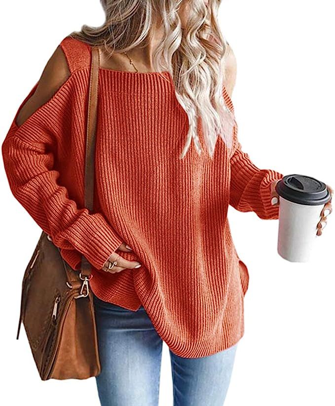 Hsdjfhe Womens Long Sleeve Oversized Sexy Cold Shoulder Sweaters Chunky Knit Winter Pullover Tops | Amazon (US)