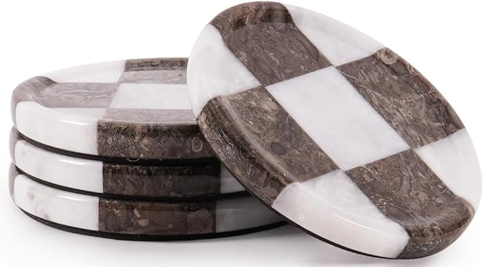 Marble Coasters Set of 4, White & Oceanic Handmade 4 inch Round Stone Coaster, Drink Checkered Co... | Amazon (US)