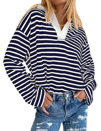 AKEWEI Collared Striped Long Sleeve Shirt for Women Fall Black and White Striped Shirt(Navy White Stripe,XL) | Amazon (US)