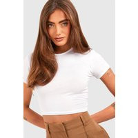 boohoo Women's Basic Short Sleeve Crew Neck Crop Top in White | Size: 4 | Denim/Viscose/Elastane | boohoo (US & Canada)