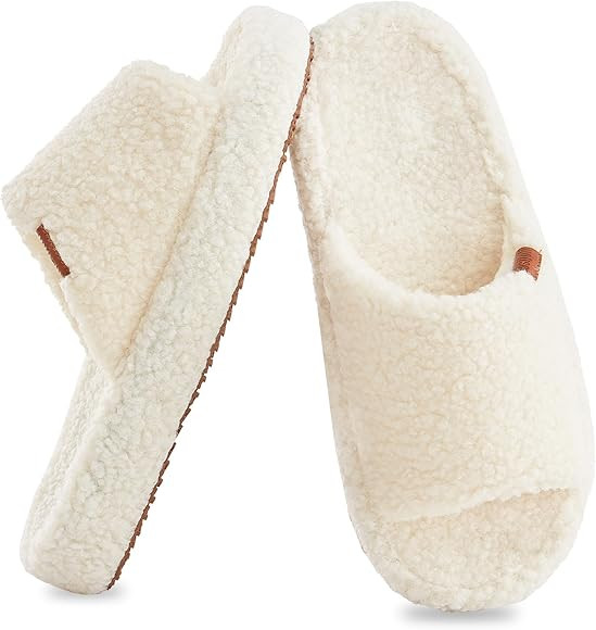 Fuzzy Memory Foam Slippers for Women, Fluffy Open Toe Slippers Curly Fur Cozy Flat Slide Slippers... | Amazon (US)