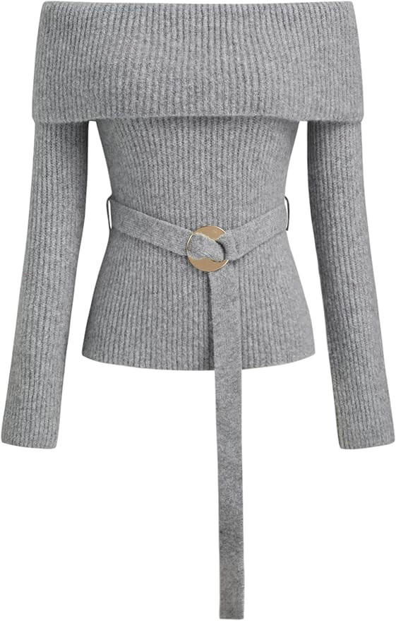 CIDER Women Off Shoulder Sweaters Long Sleeve Ribbed Knit Going Out 2025 Fall Tops with Belt | Amazon (US)