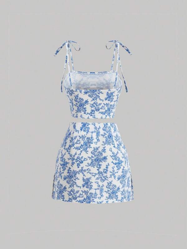 SHEIN MOD Allover Floral Print Tie Shoulder Cami Top & Skirt | SHEIN