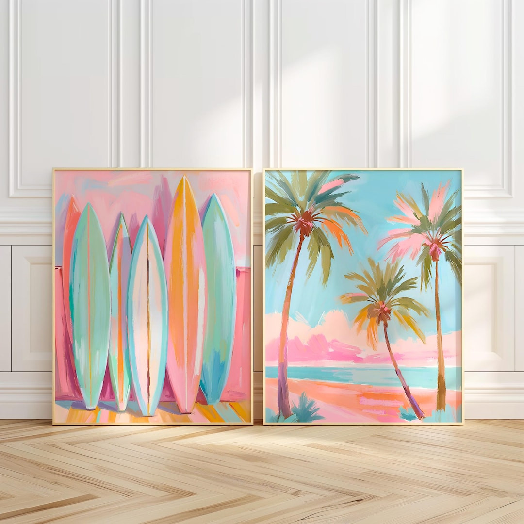 Pastel Ocean Wall Art Set of Two, Coastal Digital Download JPG, Colorful Beach House Decor, Gift ... | Etsy (US)