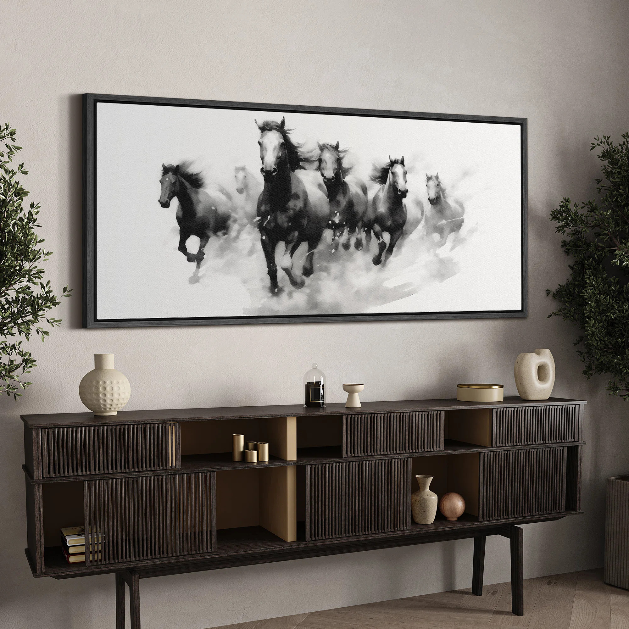 IDEA4WALL Running Horses "Black And White Watercolor Ink Painting Digital Art Modern Extra Large ... | Wayfair North America