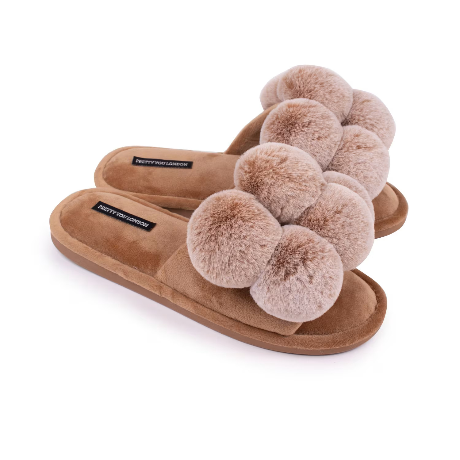 Dolly Fun Pom Slider Slippers In Caramel | Wolf & Badger