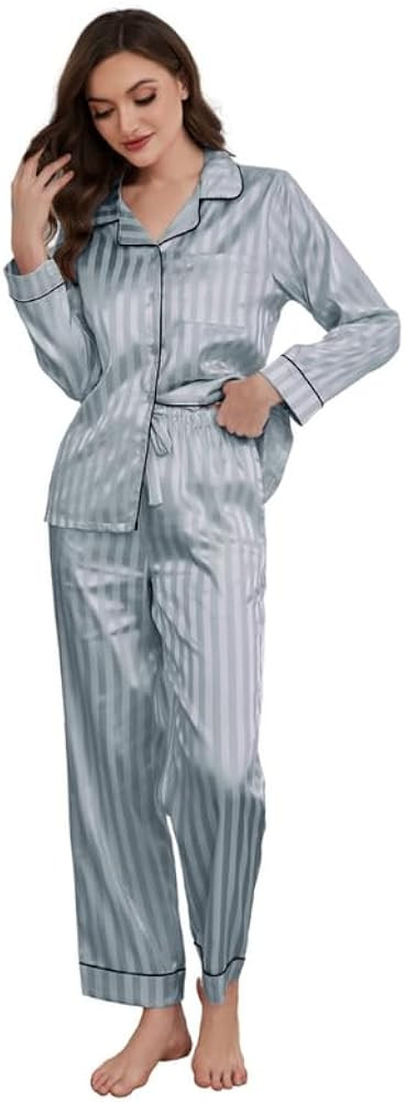U2SKIIN Women Satin Pajamas Set, Long Sleeve Silk Pajamas for Women Striped Button Down 2-Piece P... | Amazon (US)