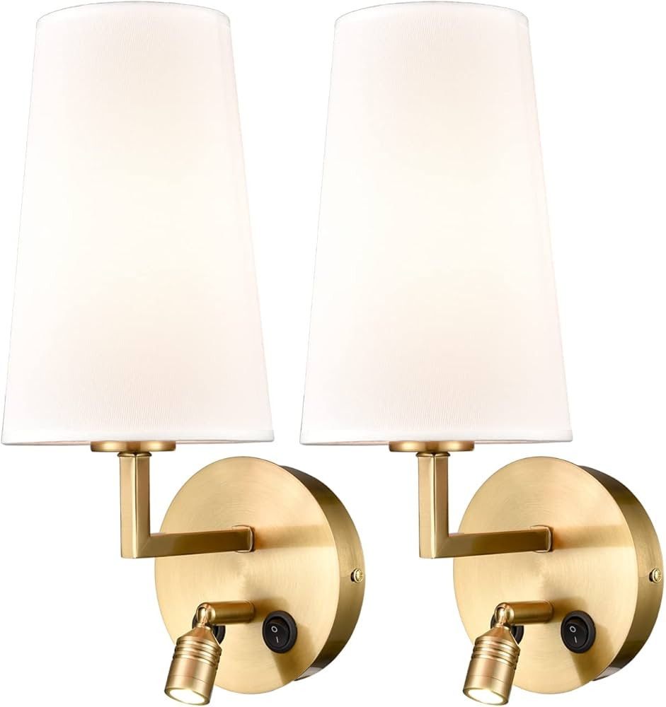 SAMTEEN Brass Wall Sconces Set of Two Modern Fabric Shade Wall Lamp with USB Port and Switch Wall... | Amazon (US)