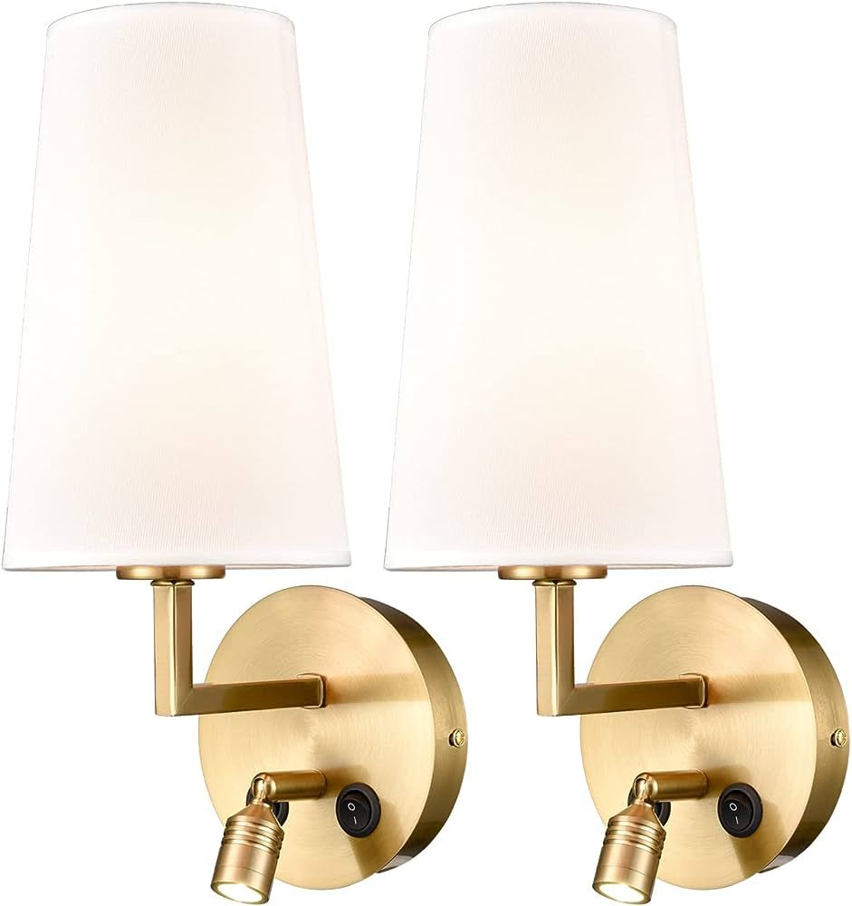SAMTEEN Brass Wall Sconces Set of Two Modern Fabric Shade Wall Lamp with USB Port and Switch Wall... | Amazon (US)