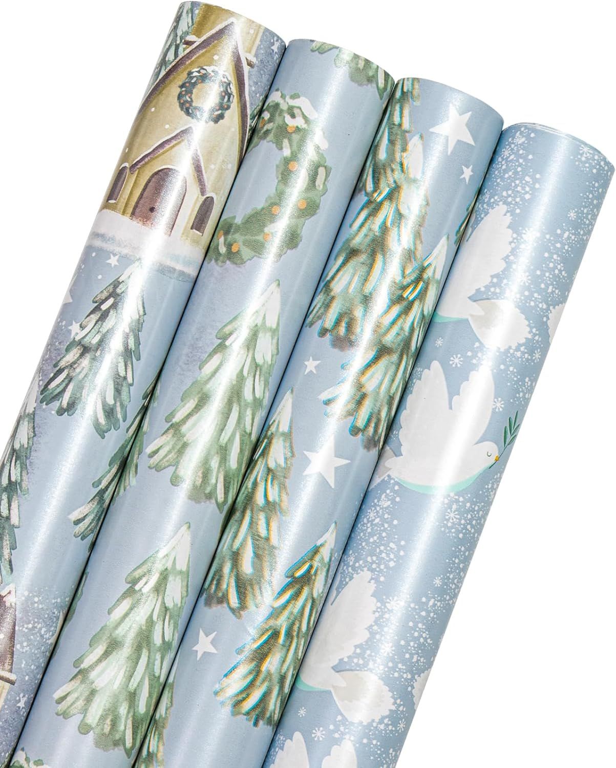 WRAPAHOLIC Christmas Wrapping Paper Roll - Silver and White House, Christmas Garland, Tree, Dove ... | Amazon (US)