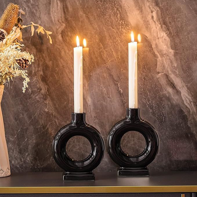 Liotww Black Candlestick Holders Set of 2, Donut Ceramic Black Candle Holder, Farmhouse Taper Can... | Amazon (US)