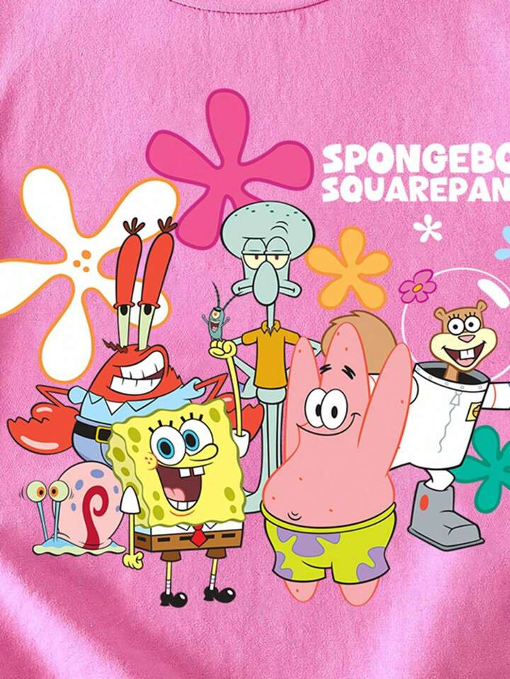 SpongeBob SquarePants X SHEIN Young Girl Cute Cartoon Print Short Sleeve T-Shirt, Summer Casual | SHEIN