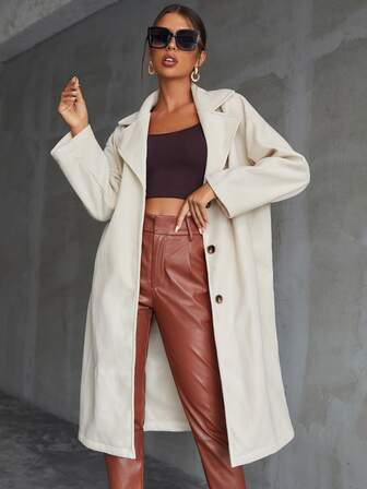 SHEIN Slant Pocket Button Front Overcoat | SHEIN