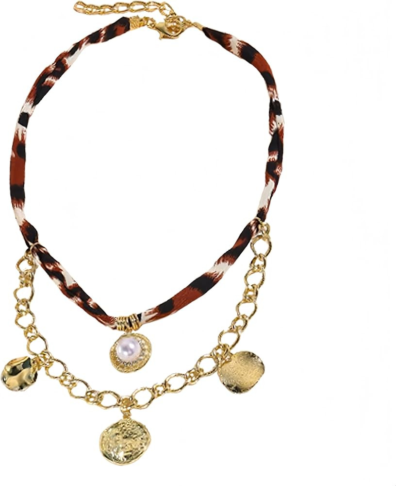 Vintage Scarf Necklace for Women,Adjustable Bandana Choker Silk Leopard Pearl Necklace Boho Beach... | Amazon (US)