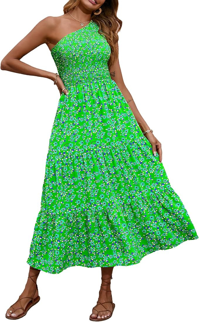 BTFBM 2025 Summer One Shoulder Dresses for Women Casual Sleeveless High Waist Floral Flowy Smocke... | Amazon (US)