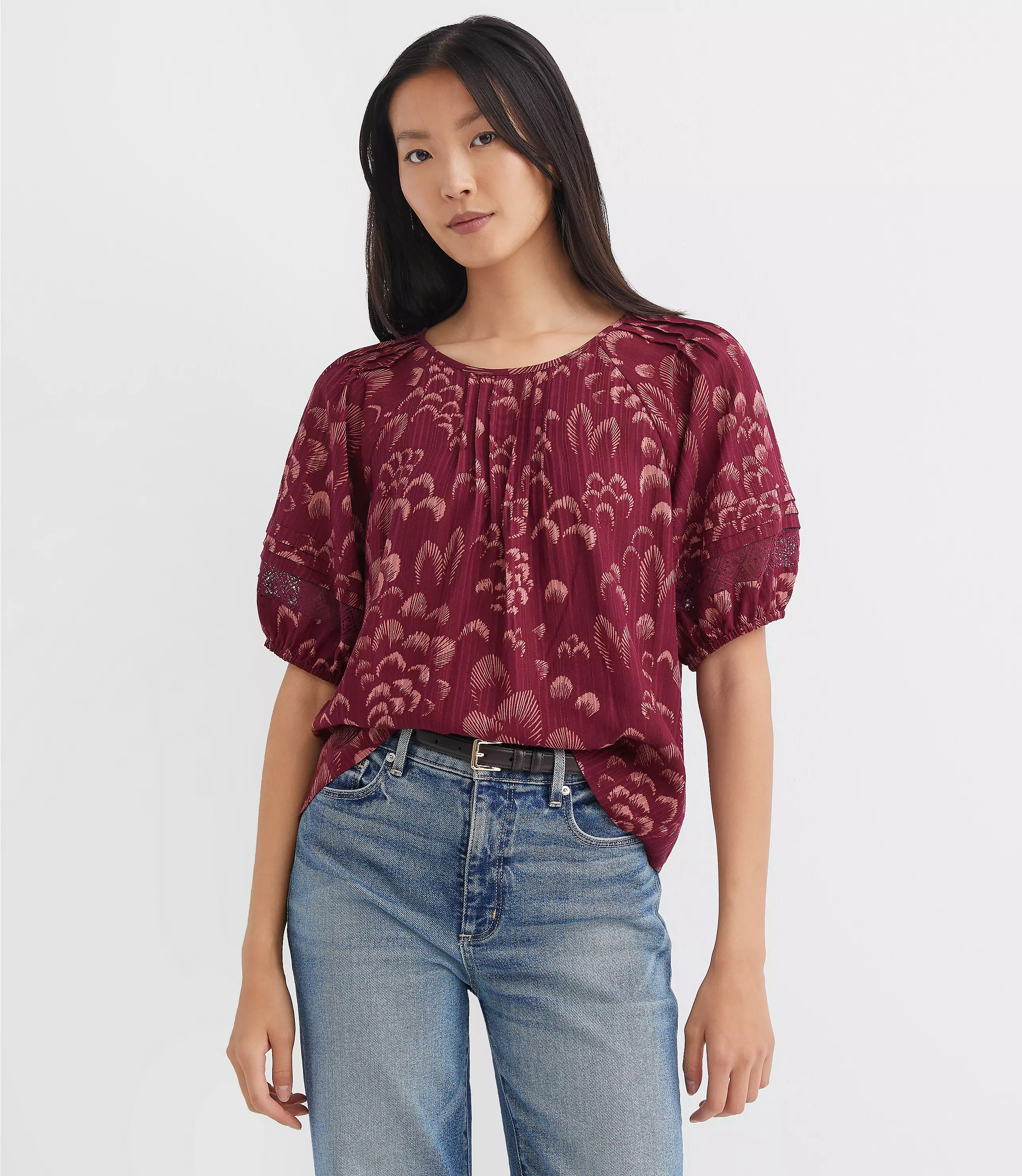 Plume Lace Trim Pintucked Blouse | LOFT