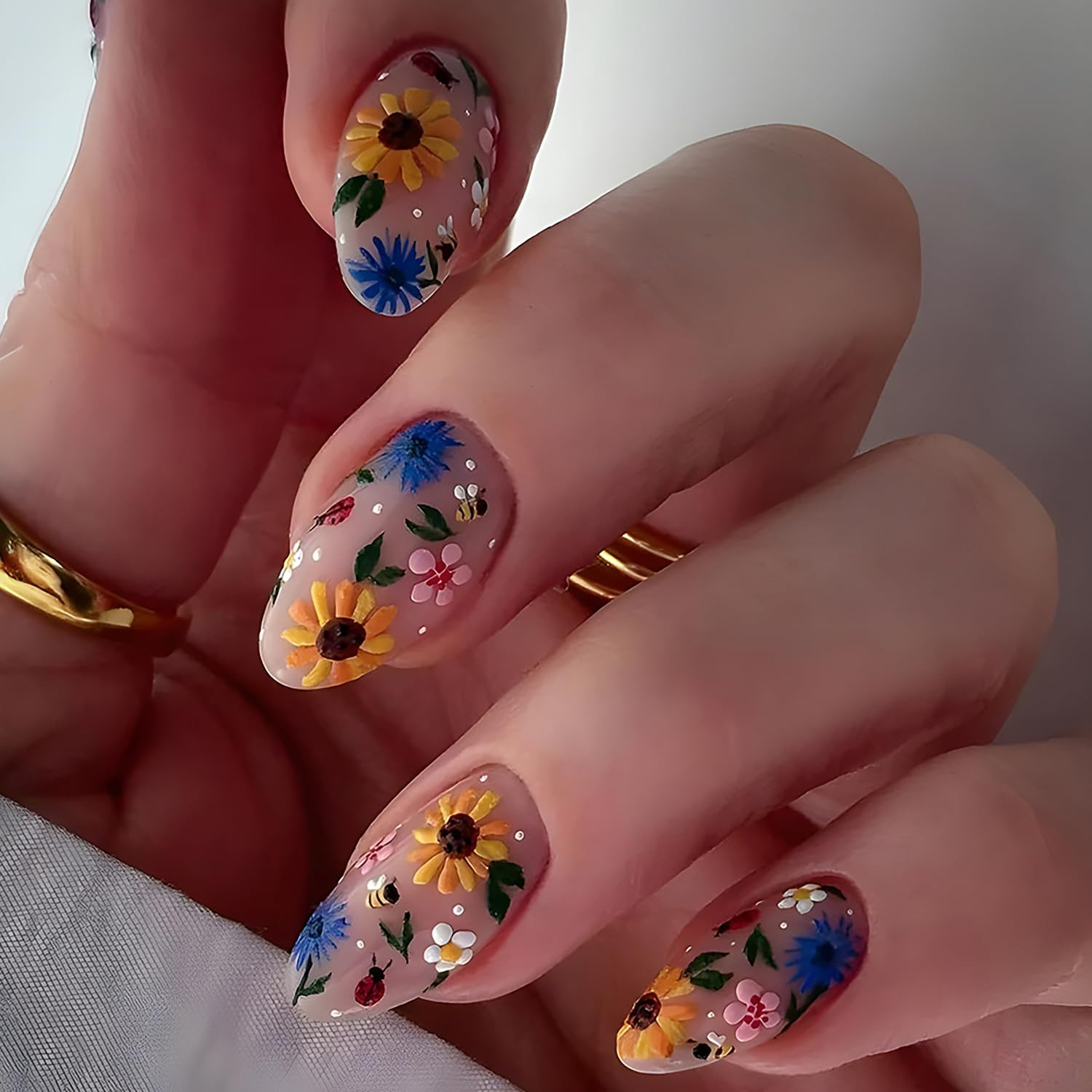 Spring Press On Nails Medium Almond Fake Nails Flower Nails Press Ons Acrylic False Nails With Fl... | Amazon (US)