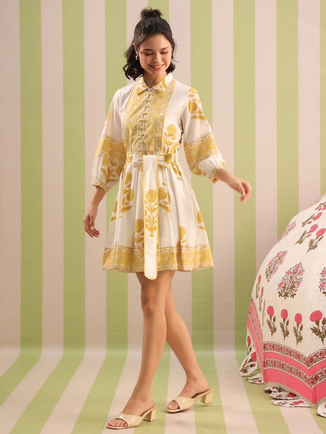 Hand Block Printed Dress | Summer Short Dress | Cotton Floral Dress | White & Yellow Dress| Handm... | Etsy (US)