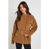 boohoo Women's Faux Suede Belted Jacket in Tan | Size: 12 | Boohoo.com (UK & IE)