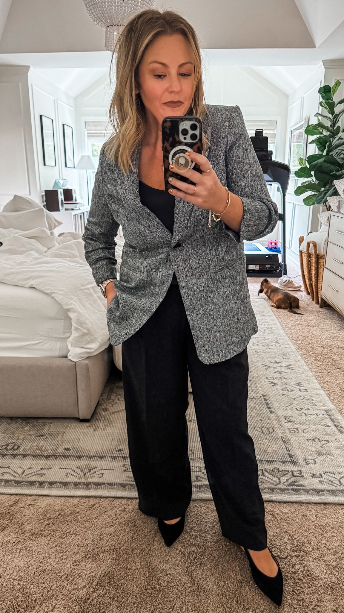 This blazer has sewn scrunched sleeves (which I adore!), also comes in a cream, and is just $45. The silk cami top comes in a pack of 3 from amazon and the wide leg trousers are SO comfy! Every thing is on sale, even the slingback kitten heels. Everything fits TTS and I’m 5’3” and wearing a medium in all pieces. Styling it dressed down in a post following this one. 

#LTKFindsUnder50 #LTKWorkwear #LTKSaleAlert