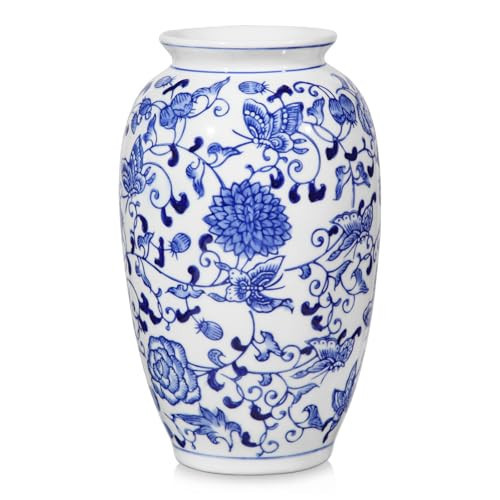 Blue and White Vase, Blue Ceramic Vase for Home Decor 8.9" Chinoiserie Vase for Flowers Blue and White Porcelain Flower Vase for Living Room, Bathroom, Dinner Table Centerpieces | Amazon (US)