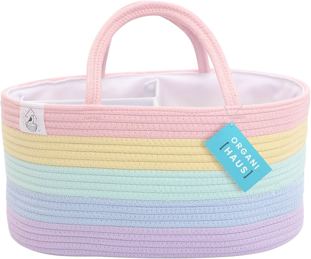 OrganiHaus Pastel Rainbow Basket | Rope Diaper Caddy Basket | Baby Diaper Caddy Organizer | Nurse... | Amazon (US)