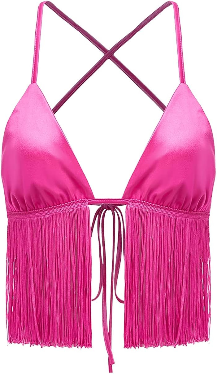 Verdusa Women's Crisscross Tie Backless Fringe Hem Sleeveless Satin Crop Cami Top | Amazon (US)