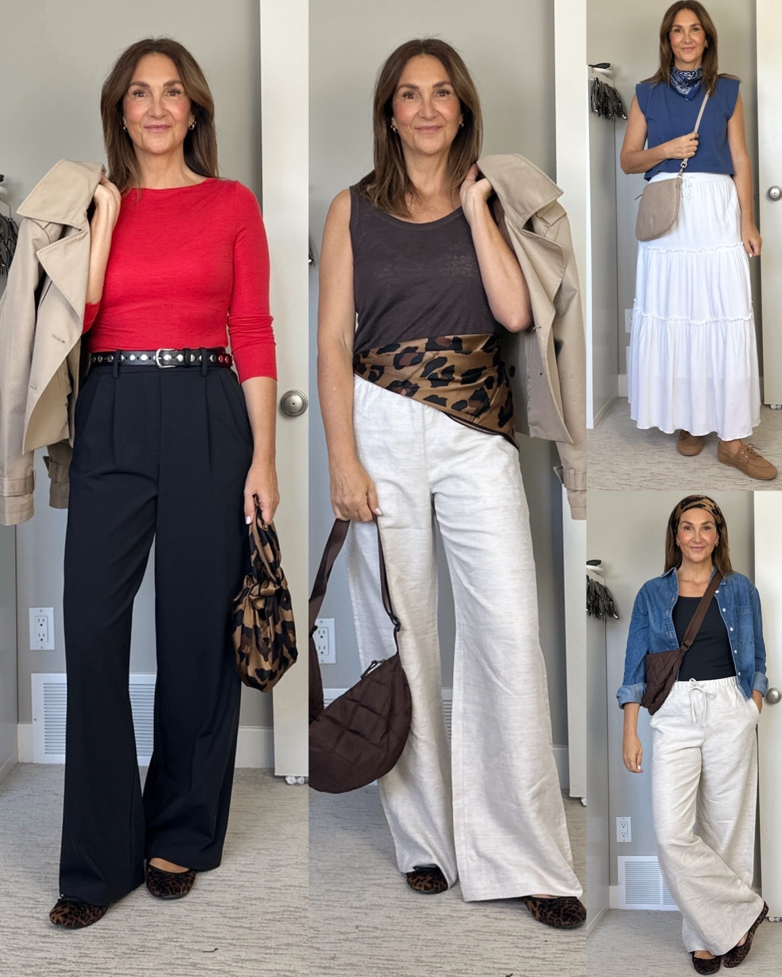 Spring Europe travel capsule, carry on only! I basically follow the travel sudoku method but I prefer a fresh top every day (and often a new outfit for dinner) so I pack enough for a week and then if some are ok to rewear I do or I might wash a few. This is day 1-3 of dinner outfits. I’m 5’ 7” size 4ish wearing my usual size Small in the line pants (in tall), S in the pull on trousers (32” inseam) and 27 in the jeans.
Tops also fit tts
