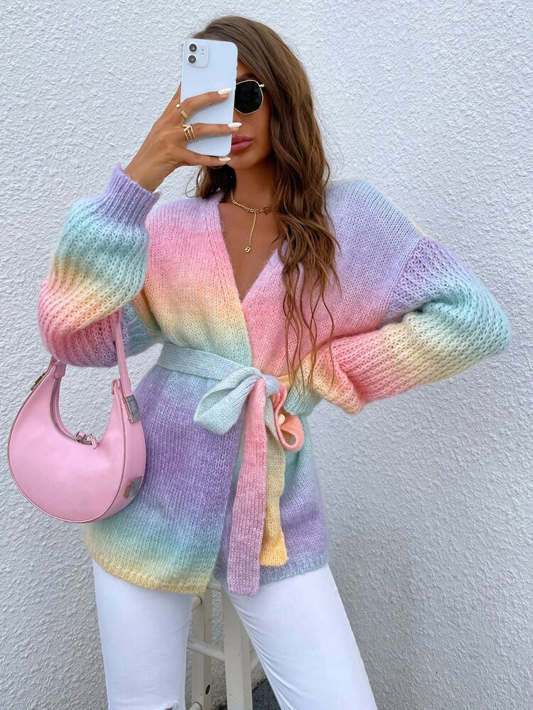 Drop Shoulder Colorblock Self Belted Cardigan | SHEIN