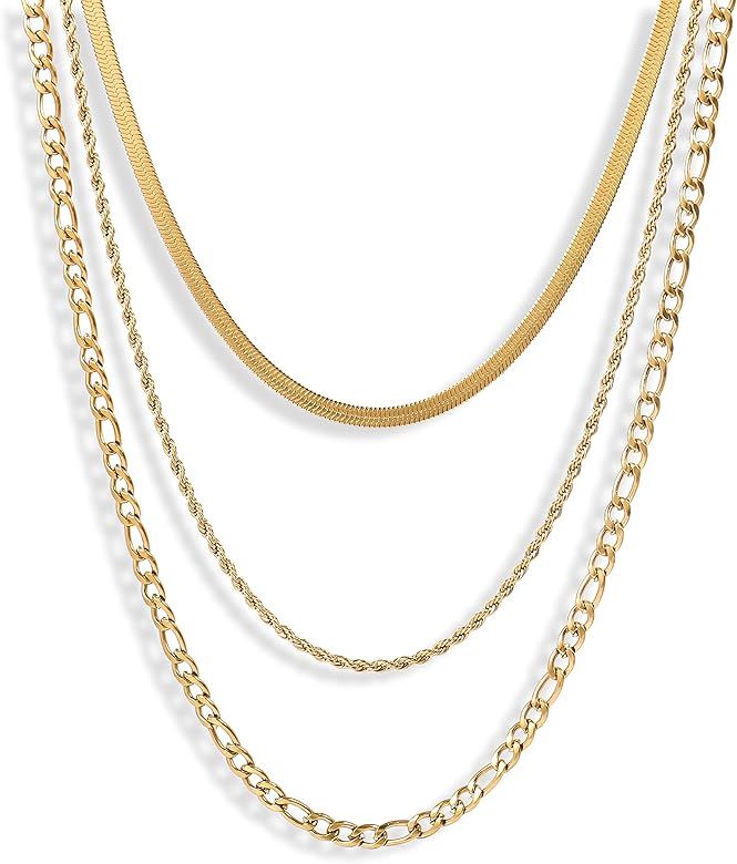 Gold Silver Chain Plated Layered Necklaces for Women | Snake Chain|2mm Rope Chain|Figaro Chain | Amazon (US)