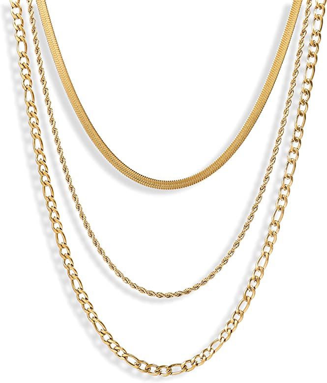 Badu Gold Silver Chain Plated Layered Necklaces for Women | Snake Chain|2mm Rope Chain|Figaro Cha... | Amazon (US)
