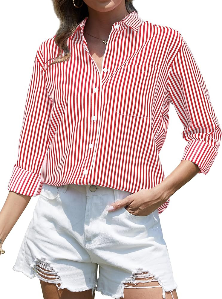 CUNLIN Grade 4 Wrinkle-Resistant Women's Button Down Shirts Striped Long Sleeve Collared Blouses ... | Amazon (US)