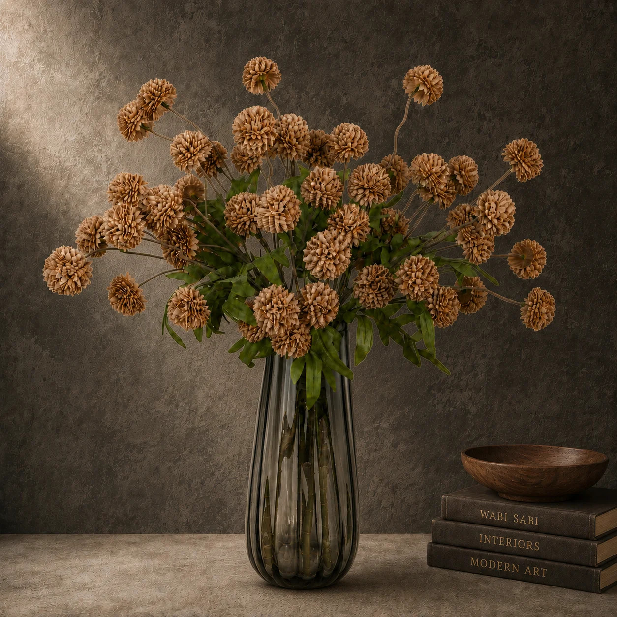 10-Stem Faux Silk Chrysanthemum Arrangement in Smoky Gray Glass Vase | Wayfair North America
