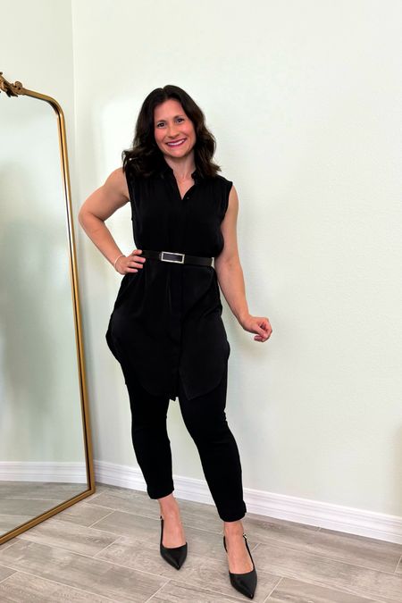 My reversible belt is only linked here as my entire outfit is from Express and since they are in process of reorganization they aren't participating with LTK. Here's the links though! 

Pants: https://www.express.com/clothing/women/columnist-high-waisted-knit-ankle-pant/pro/07451743/color/Pitch%20Black/e/regular/

Similar Top: https://www.express.com/clothing/women/linen-blend-cap-sleeve-oversized-button-up-shirt/pro/08749476/color/Pitch%20Black/

Heels:  https://www.express.com/clothing/women/shiny-gold-heel-slingback-pumps/pro/00315264/color/Pitch%20Black/


