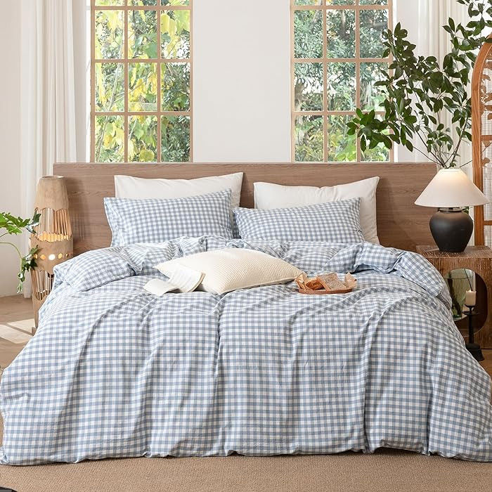 MooMee Gingham Duvet Cover Set 100% Washed Cotton Linen Like Textured Breathable Durable Soft Com... | Amazon (US)
