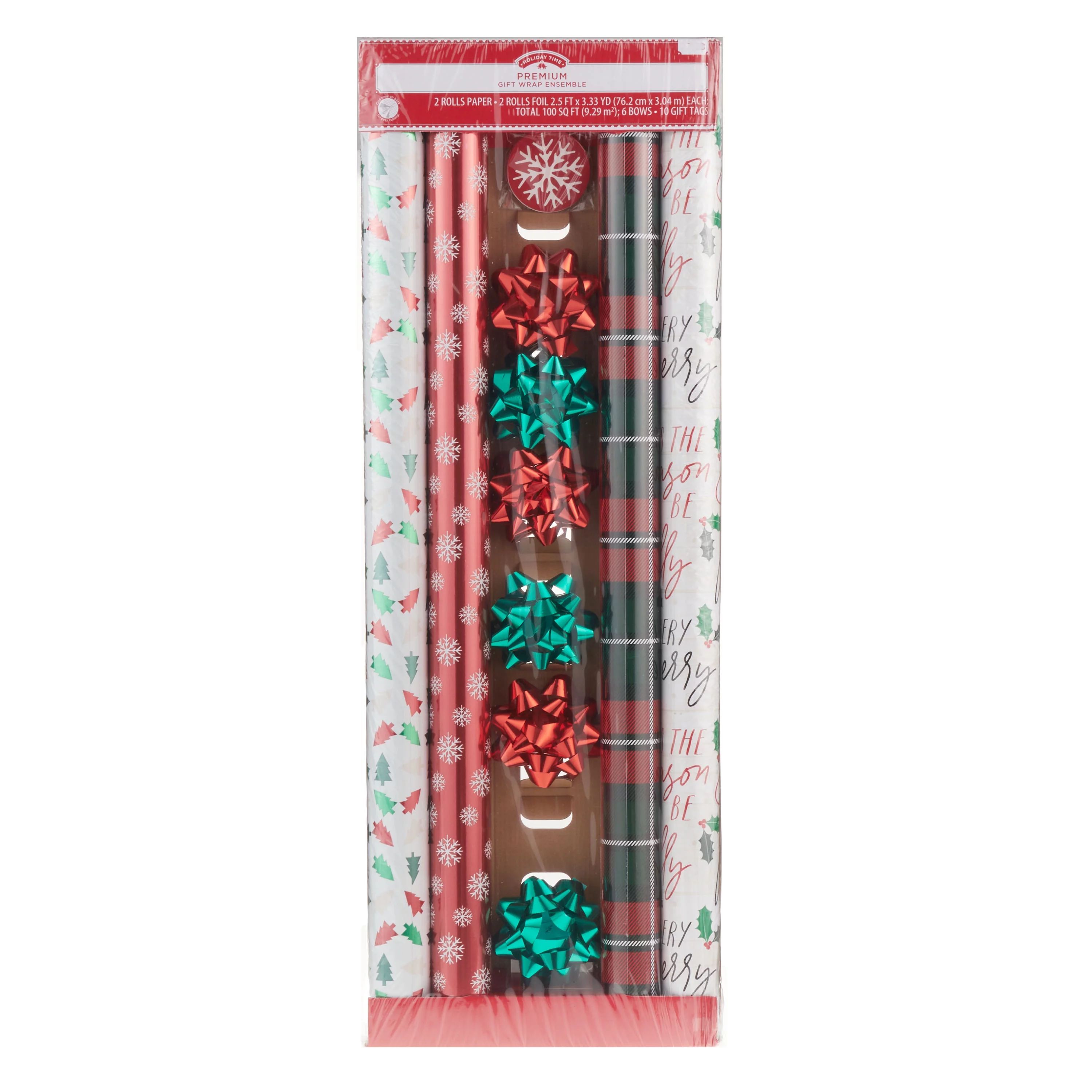 Holiday Time Premium Foil & Paper Gift Wrap Ensemble, Red and Green | Walmart (US)