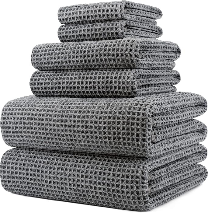 POLYTE 430 GSM Microfiber Quick Dry Lint Free Oversize Bath Towel Set, 6 Piece (Waffle Weave) | Amazon (US)