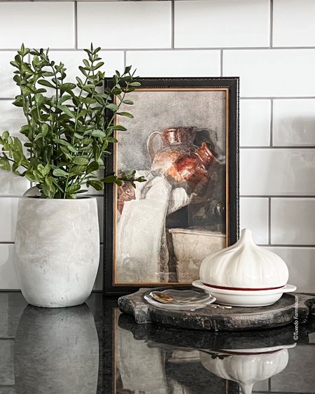 Counter styling with faux plants, art prints and functional kitchen items. 

Home decor, kitchen decor 

#LTKSeasonal #LTKfindsunder50 #LTKhome