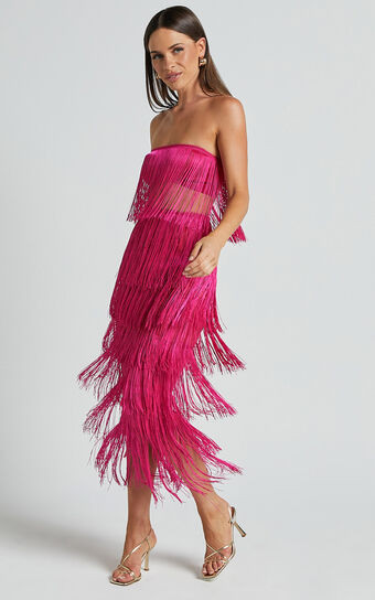 Amalee Two Piece Set - Fringe Strapless Crop Top and Midi Skirt Set in Pink | Showpo (US, UK & Europe)