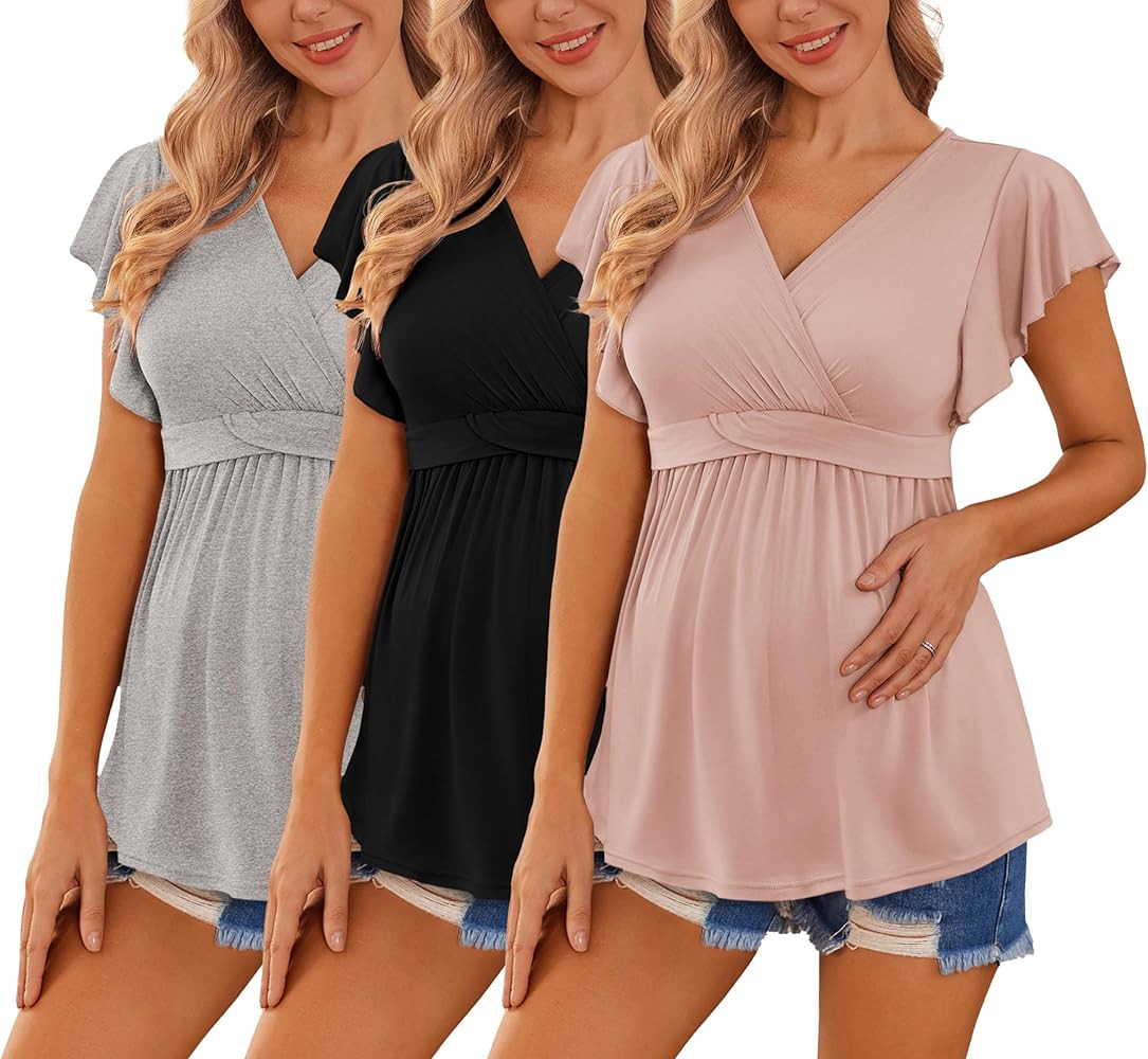 Ekouaer Maternity Shirts 3 Packs Flying Short Sleeve Nursing Tops Pregnancy Clothes | Amazon (US)