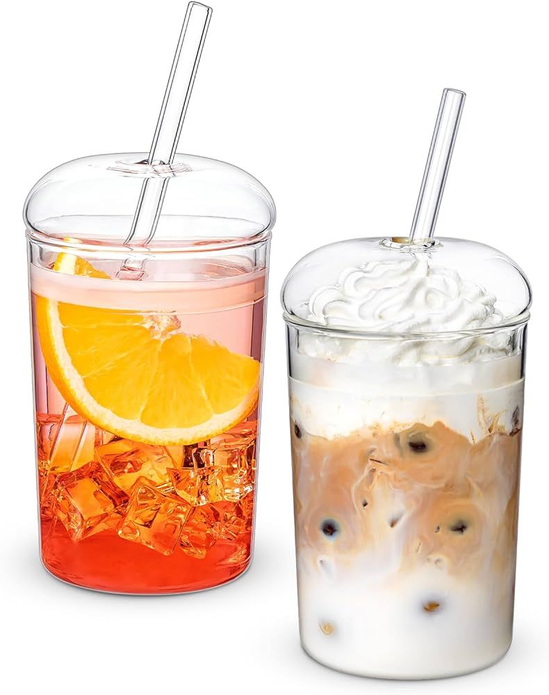 Combler Glass Cups with Lids and Straws, 16 oz Iced Coffee Cup with Dome Lids, Clear Glass Coffee... | Amazon (US)