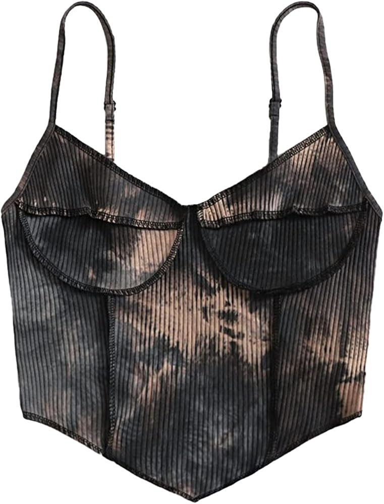 Women's Tie Dye Print Camisoles, Sexy Spaghetti Strap V Neck Rib Knit Stitch Crop Vest Tops | Amazon (US)