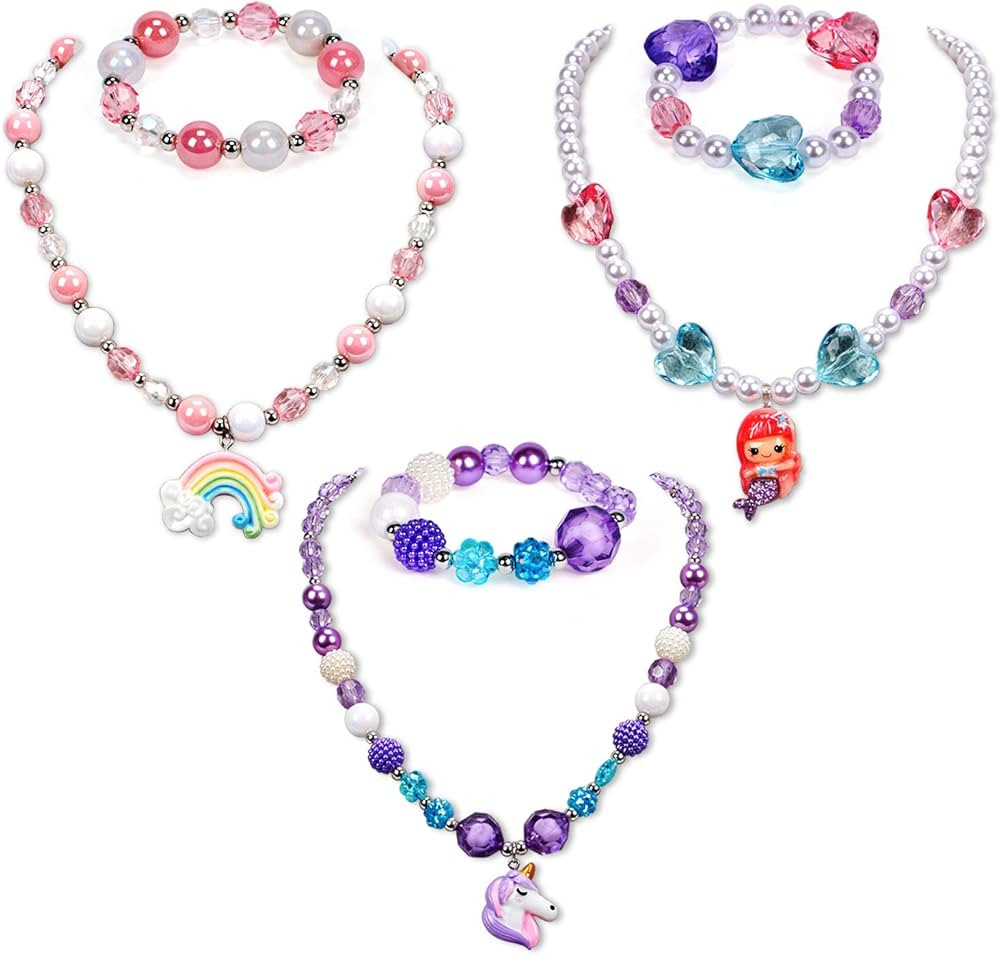 G.C 3 Sets Girl Princess Necklace Bracelet with Colorful Unicorn Mermaid Rainbow Pendant Kids Str... | Amazon (US)
